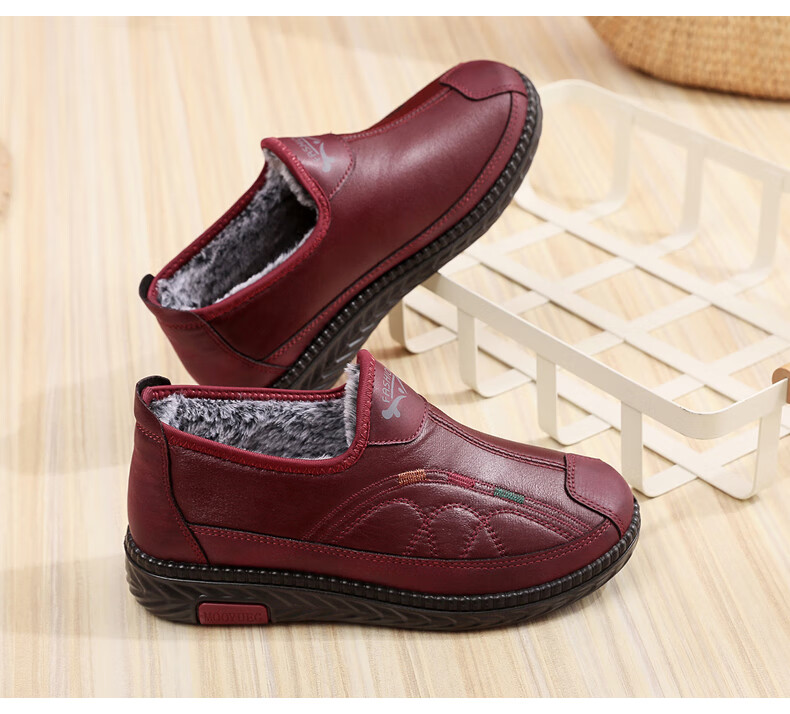 Ankang Old Beijing Cloth Shoes for Women, Winter Fleece-Lined Warm Middle-Aged And Elderly Mom Cotton Shoes Soft Sole 78977 Red 35 15