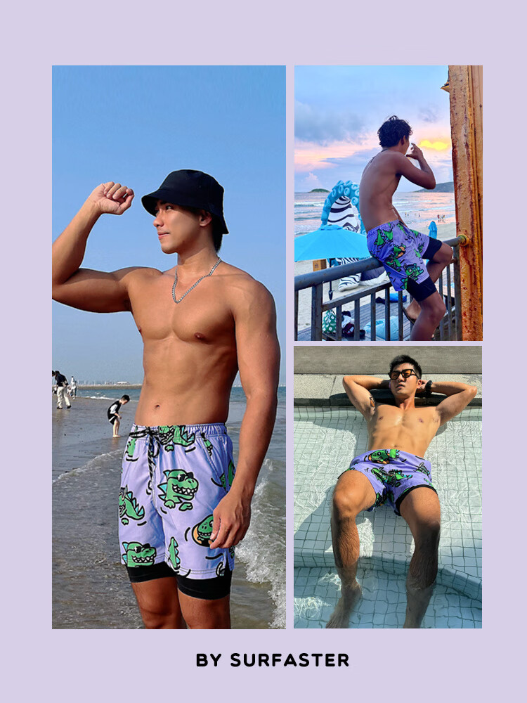 Sulang Hot Spring Swim Trunks for Men, Double-Layer Surfing Beach Swimming Anti-Embarrassment Dinosaur Bath [Double-Layer Swim Trunks] M 2