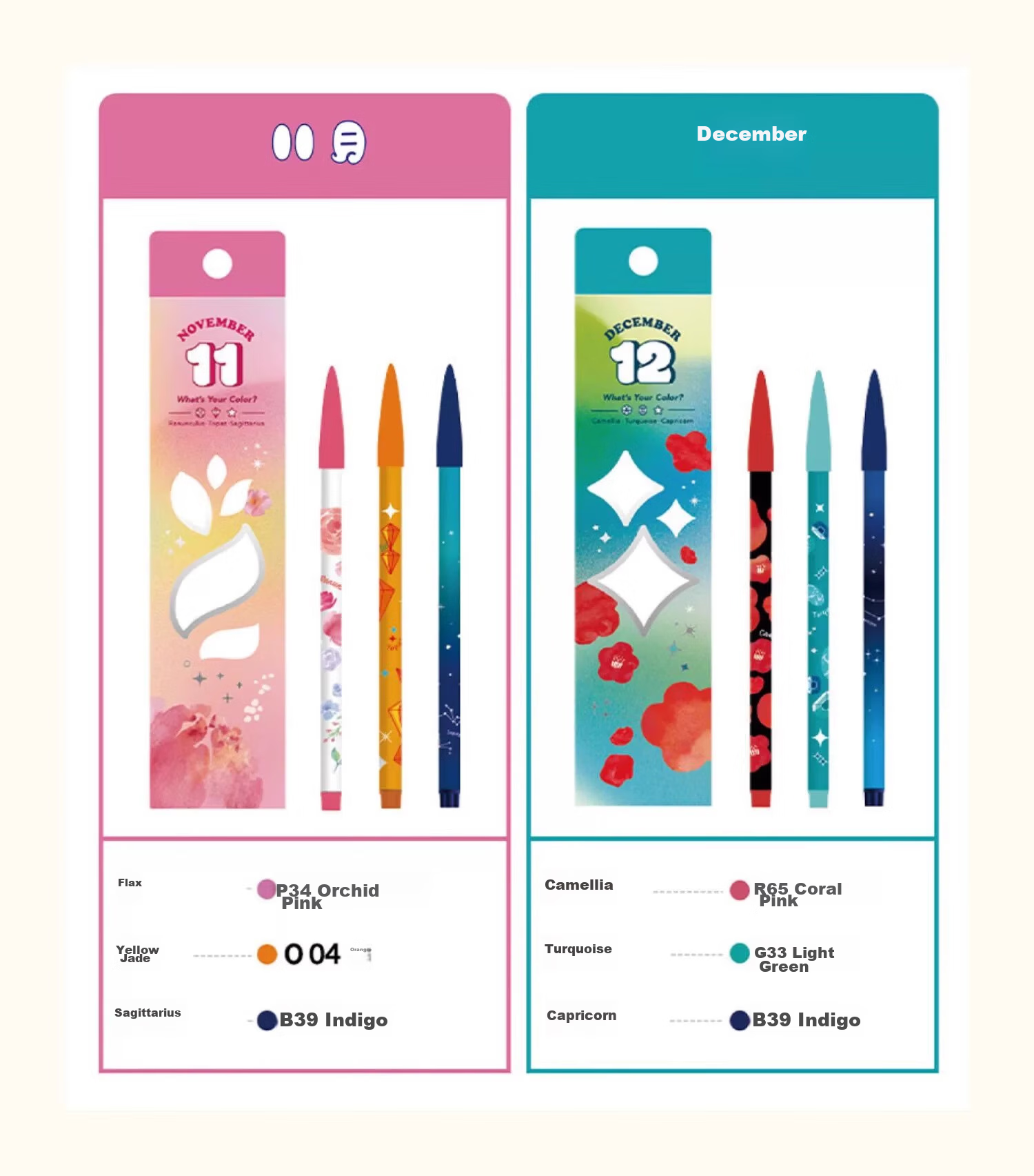 Monami 3000 Watercolor Markers, 12 Zodiac Signs, 0.4mm High-Quality Colored Water-Based Pens, for Note-Taking, Student Journaling, Line Drawing, 3-Color Set - December Watercolor Markers 21