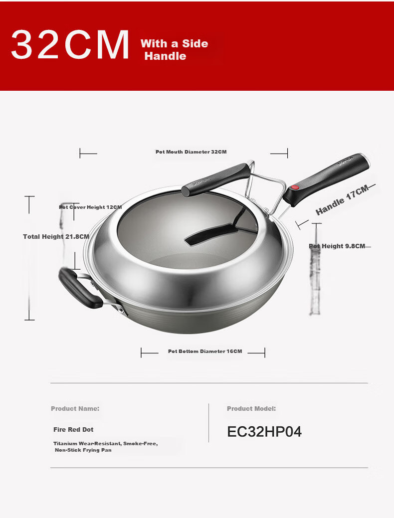 SUPOR Non-Stick Wok Pan, Household Cooking Pan 30cm Titanium Ceramic Multi-Functional Frying Pan Compatible with Induction Cooker And Gas Stove 17