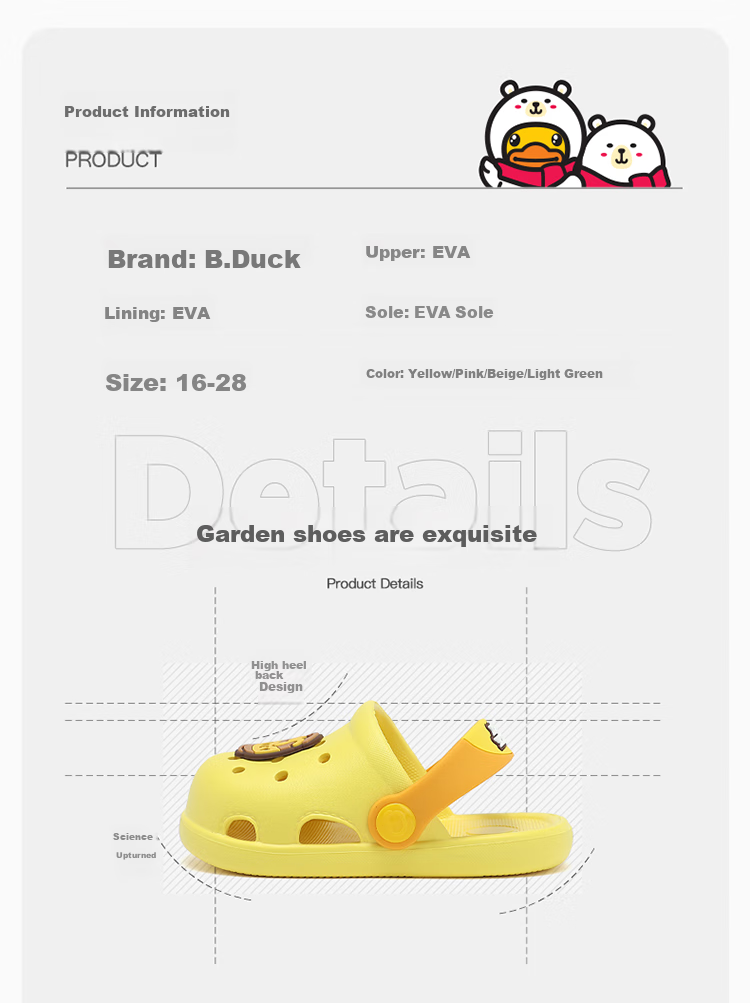 B.Duck Children's Slippers, Boys' Sandals, Kids' Clogs, Girls' Shoes, Home Slippers, BY1310909, Yellow, Size 32 3