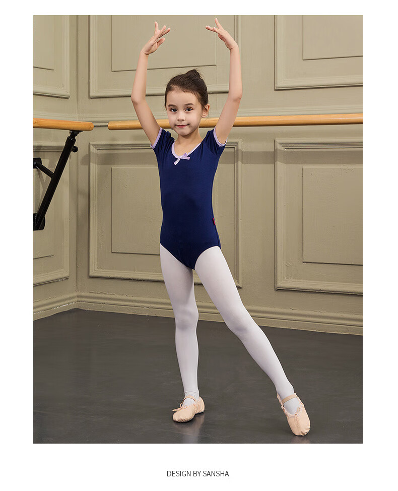 Sansha Children's Practice Leotard Short-Sleeve Ballet Dance Bodysuit Bow-Tie Performance Costume for Girls Y1613 Navy Blue M 6