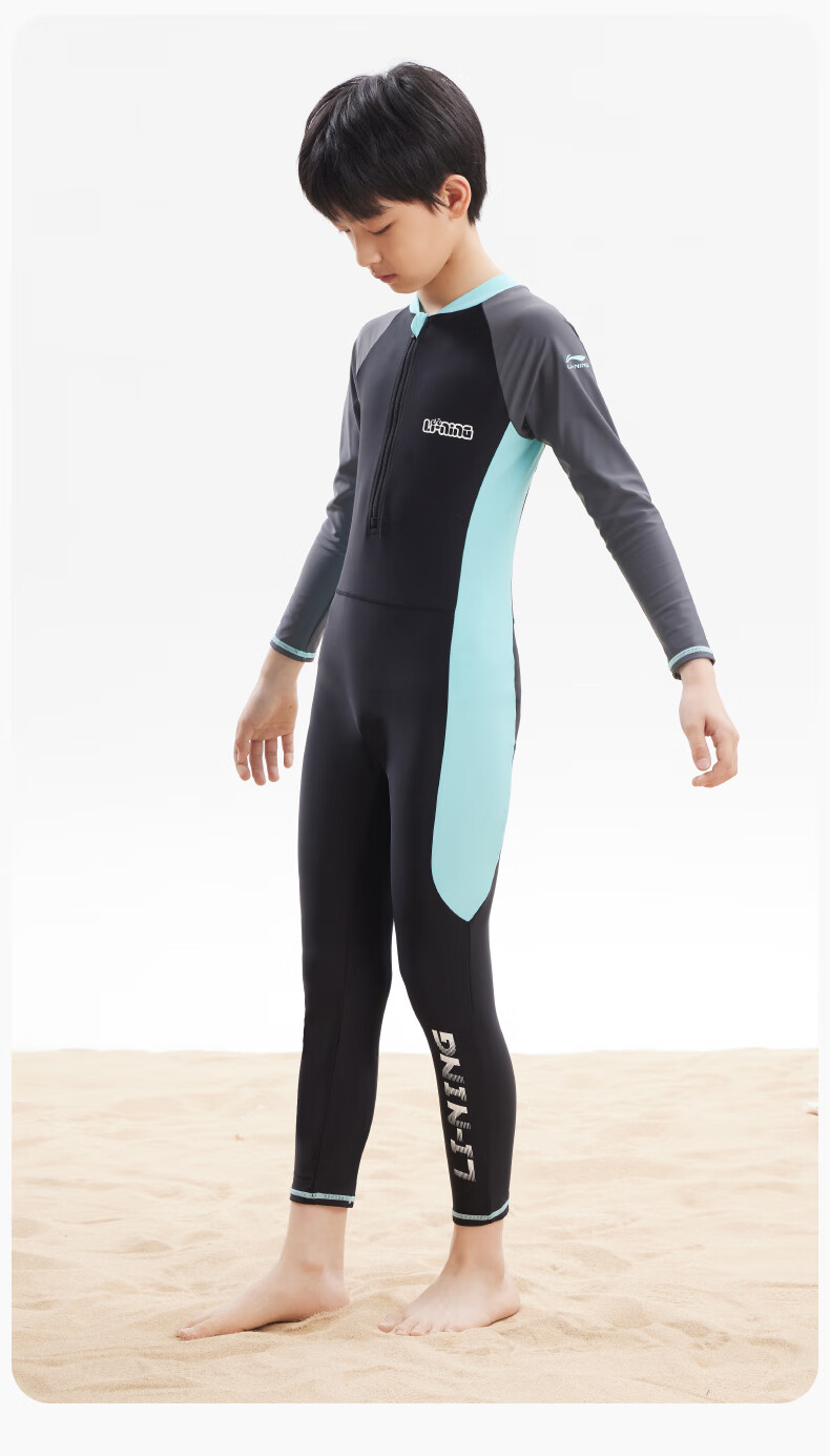 Li-Ning Children's One-Piece Long-Sleeve Swimsuit, Hot Spring Warmth Protection, Sun Protection, Boys' Surfing Suit, Training Swimwear, 8793 Black-Green, Size 150 13
