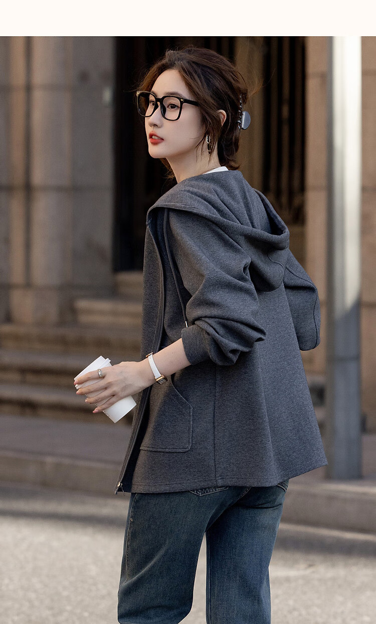 Dme [Stroll Outfit] Spring And Autumn Sporty Style 350G Air Layer Hooded Sweatshirt Jacket for Petite Women to Conceal Body Shape 23