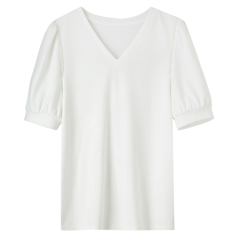 Sentubila Summer Short Sleeve T-Shirt Women Romantic Lace Puff Sleeve V-Neck Slim Fit Top White M