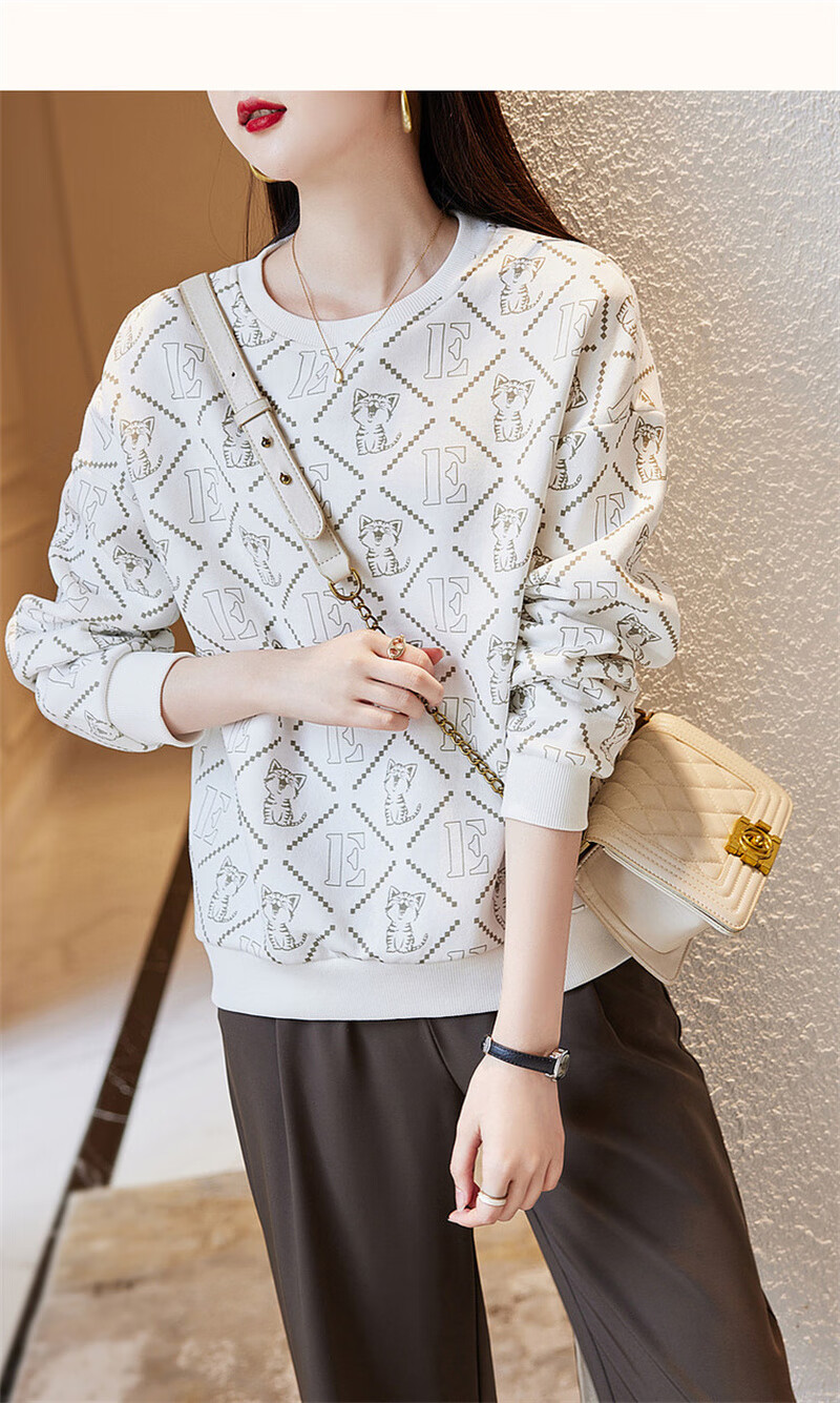 Dme [Cotton Printed Sweatshirt] Spring And Autumn Round Neck Loose Drop Shoulder Long Sleeve Slightly Stretchy Sweatshirt for Wome 13