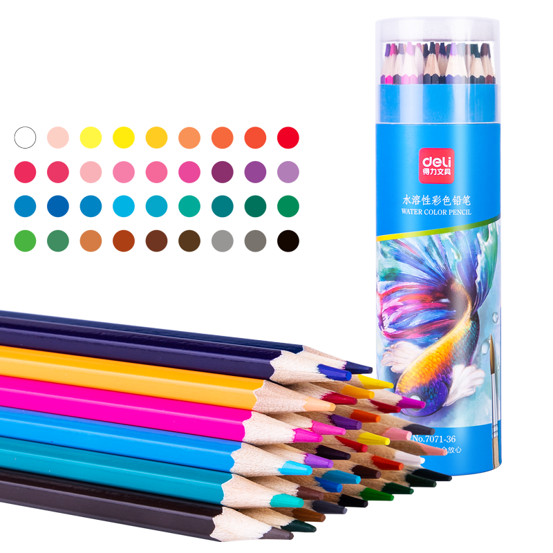 Deli [Back to School Stationery] 36-Color Water-Soluble Colored Pencils, Natural Wood Hexagonal Barrel Colored Pencils, Student Coloring Professional Drawing Pencil Set, Stationery Paper Tube Colored Pens Back to School