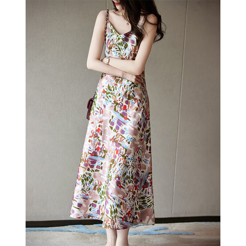 Dme Sleeveless Printed Dress Summer V-Neck Slim Fit A-Line Long Dress for Women