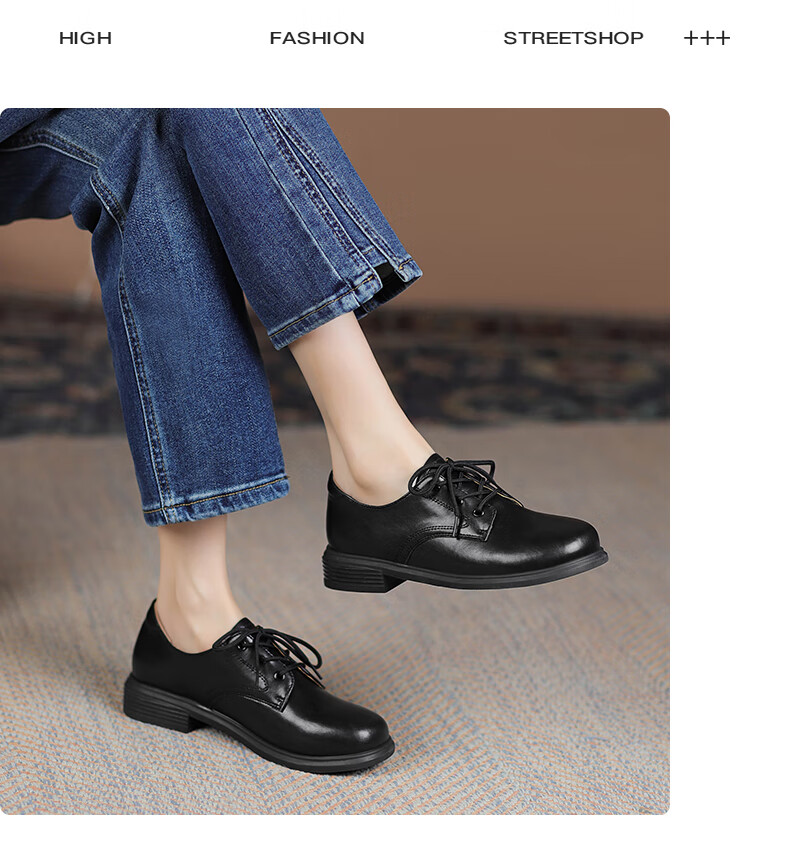 ZHR British Style Women's Leather Shoes with Round Toe And Lace-Up, Genuine Leather Chunky Heel Pumps AY127 Black Size 37 10