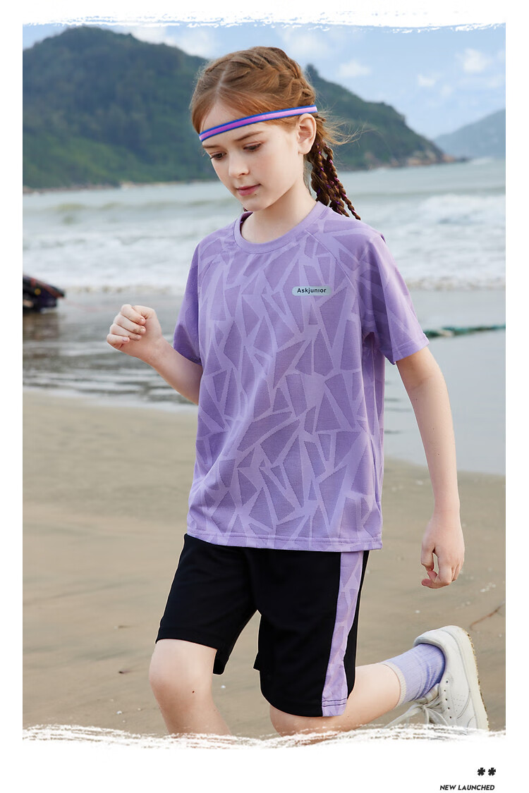 ASK JUNIOR Girls' Set, Summer 2025 Thin Short-Sleeve T-Shirt, Children's Shorts, Quick-Dry Running Outfit, Purple, Size 120 10