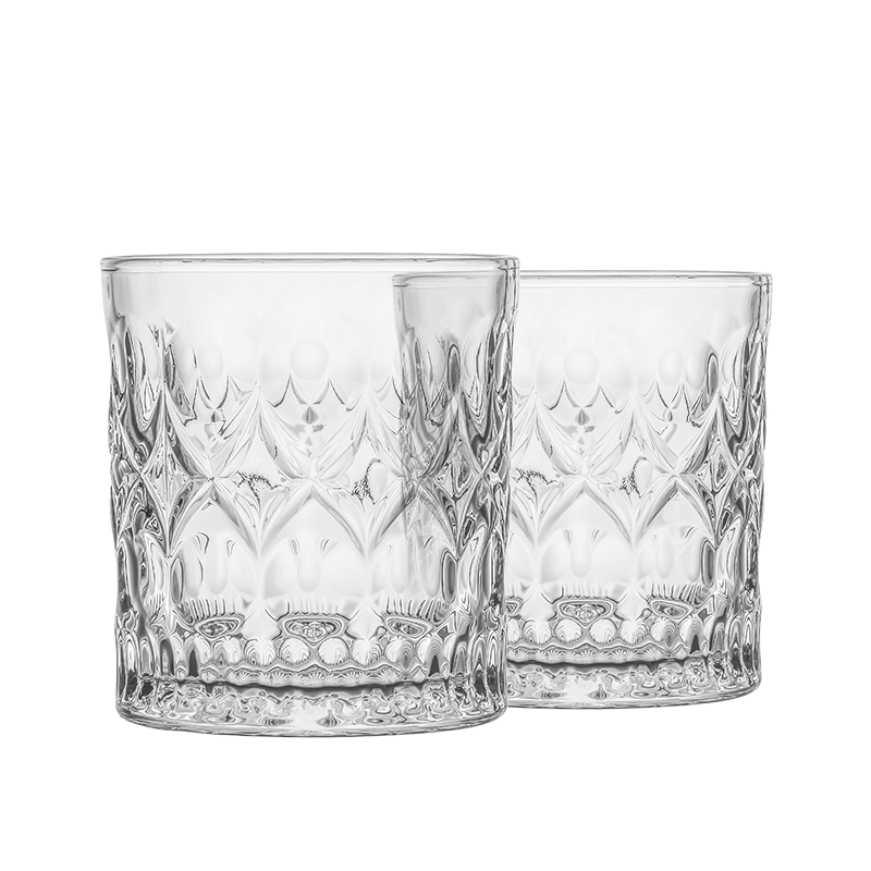 CLITON Thickened Vintage European Style Glass Whiskey Tumblers with Ice Flower Design, Set of 2