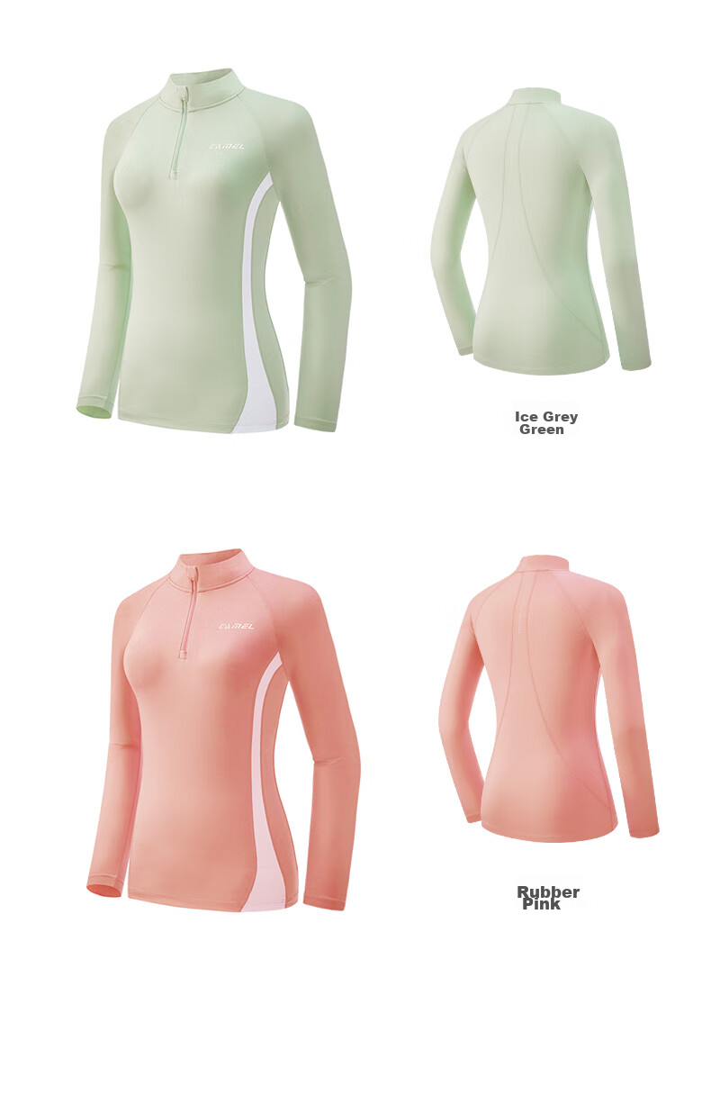 CAMEL Thin Fleece Sports Top for Women, Stand-Up Collar Long Sleeve Running Fitness T-Shirt C1W14L0623 Peach Pink S 36