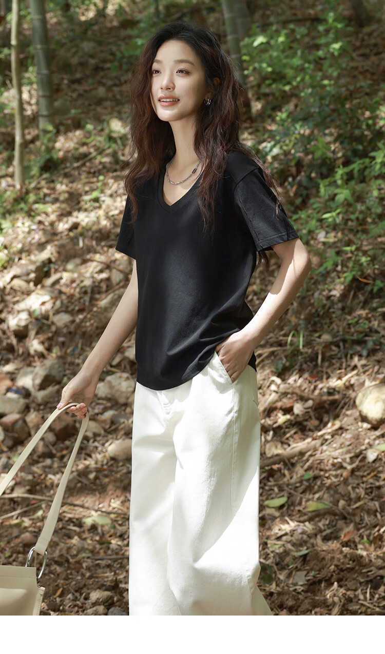 DME Basic V-Neck T-Shirt, Collarbone-Revealing, Slim Fit, Structured Design, Versatile Short Sleeve Top for Women, Black, M 15