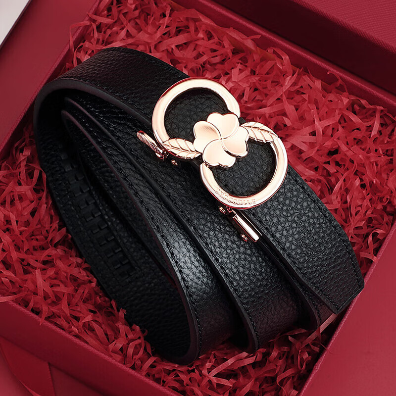 CROCODILE Top-Grain Leather Fashion Belt for Women, Automatic Buckle, Exquisite And Simple Waist Belt T3707 Black Gift Box Set