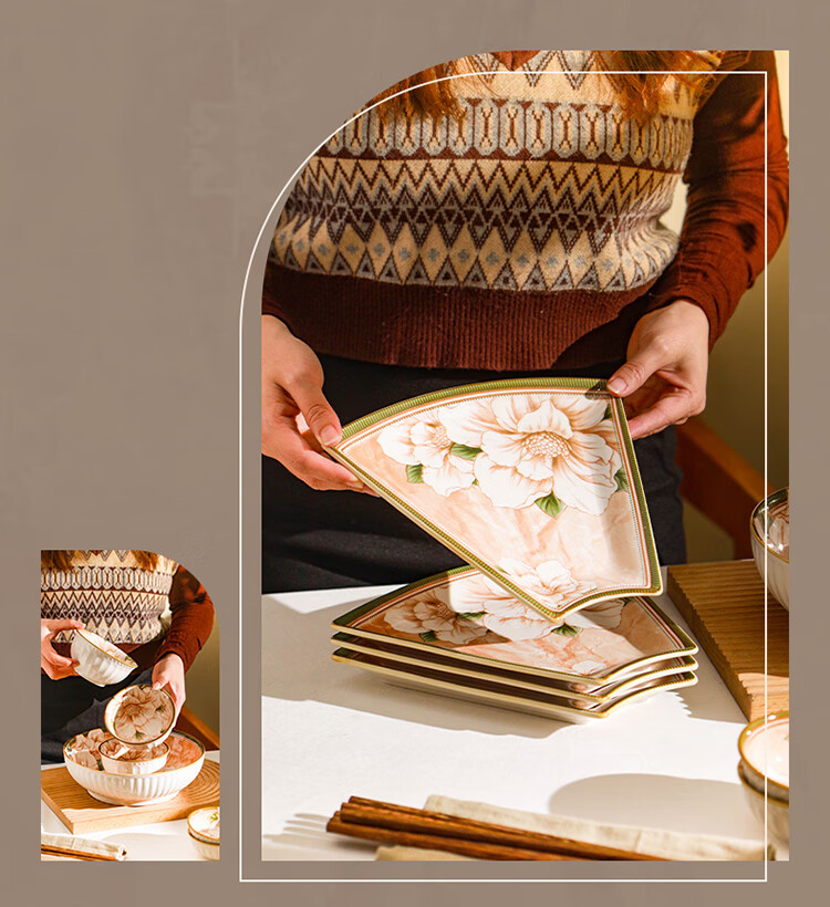 CERAMICS Family Reunion Plate Set, Round Table Plates, Home Dining Utensils, Complete Set of Plates, 9-Piece Camellia Gift Box Set for Mid-Autumn Festival 4