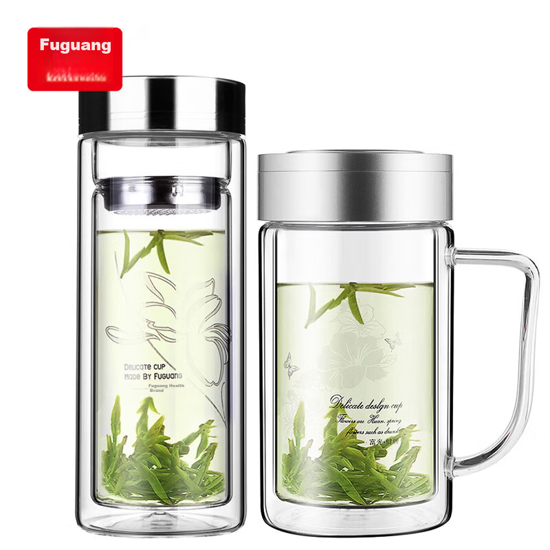Fuguang 320ML+320ML Double-Layer Multi-Purpose Tea Infuser Cup, Heat-Resistant Glass Mug with Handle Water Cup (Set of 2)