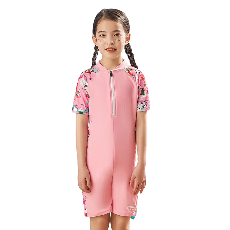 Li-Ning Children's Swimsuit, Girls' One-Piece Swimwear, Square-Leg Short-Sleeve Cartoon Swimming Training 720, Red Floral Pattern, Size 150