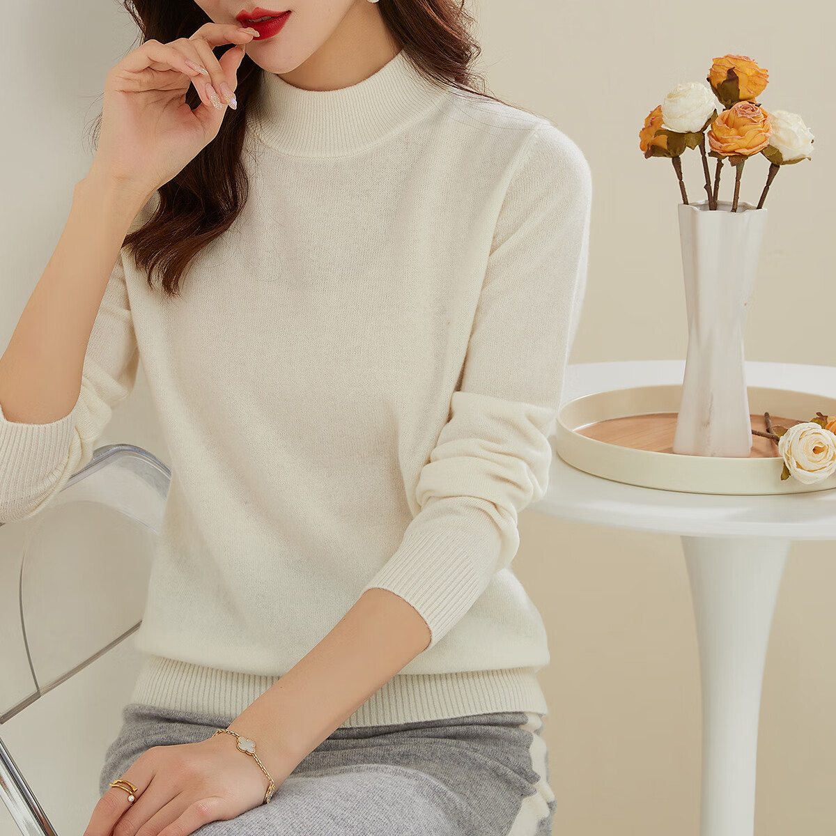 Jinju [100% Wool] Autumn And Winter Warm Semi-Turtleneck Base Layer Sweater Women's Knit Pullover, White, S