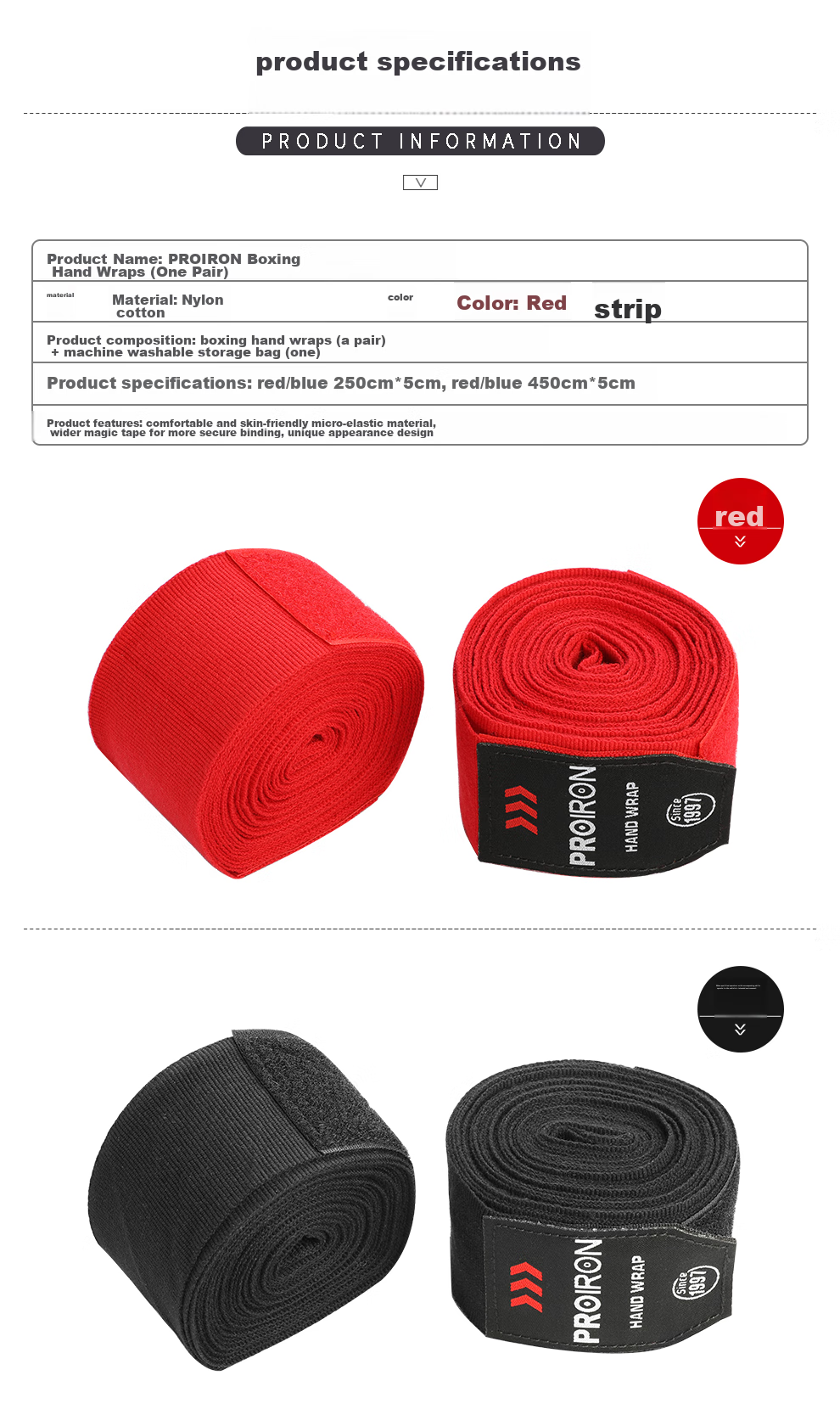 PROIRON Puli'ai Boxing Hand Wraps, Sanda Bandages, Muay Thai Fighting Hand Wraps, 2.5 Meters Black, Two-Pack 13