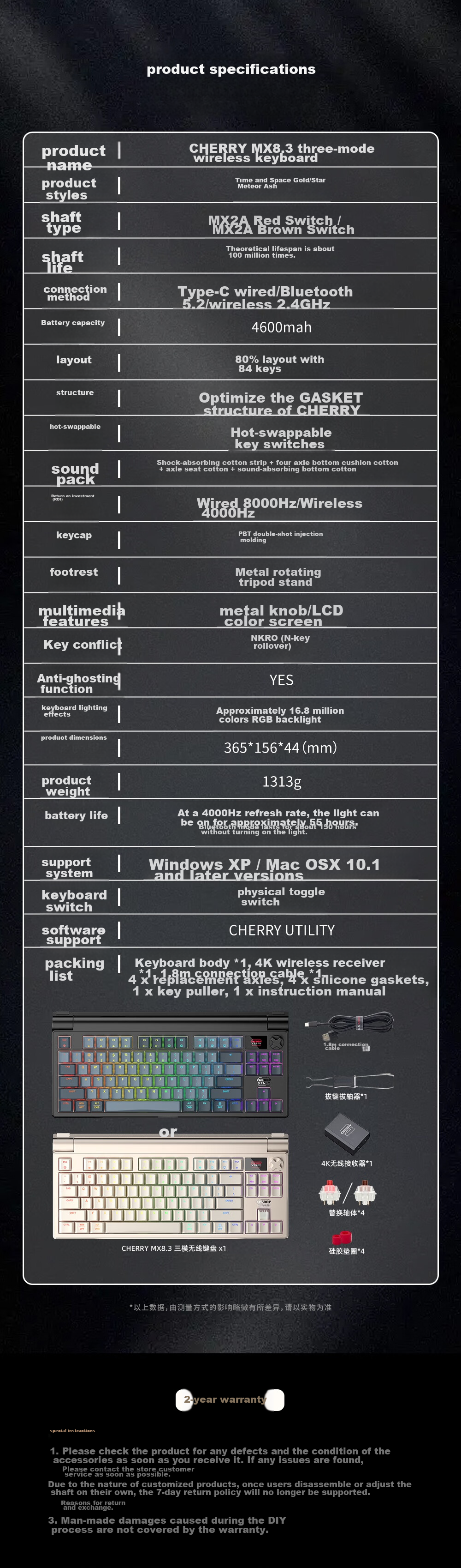 CHERRY MX8.3 Customizable Tri-Mode Mechanical Keyboard for Gaming, E-Sports, 8K Backlight, Hot-Swappable, RGB, Compatible with VALORANT, Triangle, Aluminum, And Tuhu, Compatible with Windows/Mac 15