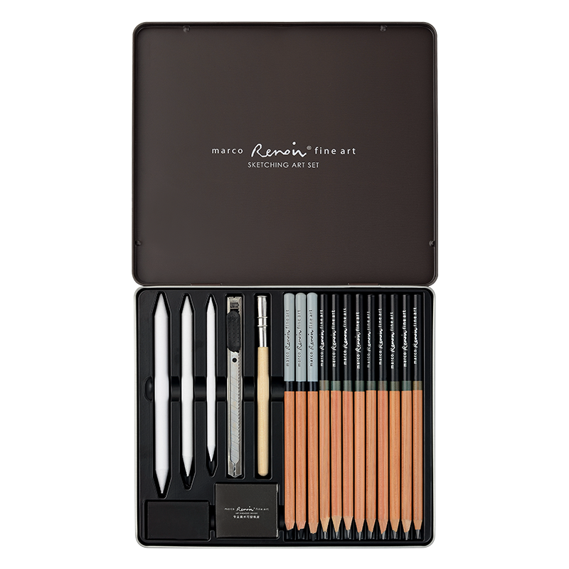 MARCO Sketching Pencils And Charcoal Pencils Drawing Set, Renoir Series Professional Art 2B/4B/6B/9 Pieces Drawing Tool Kit in Metal Box 300119C Art Sketching