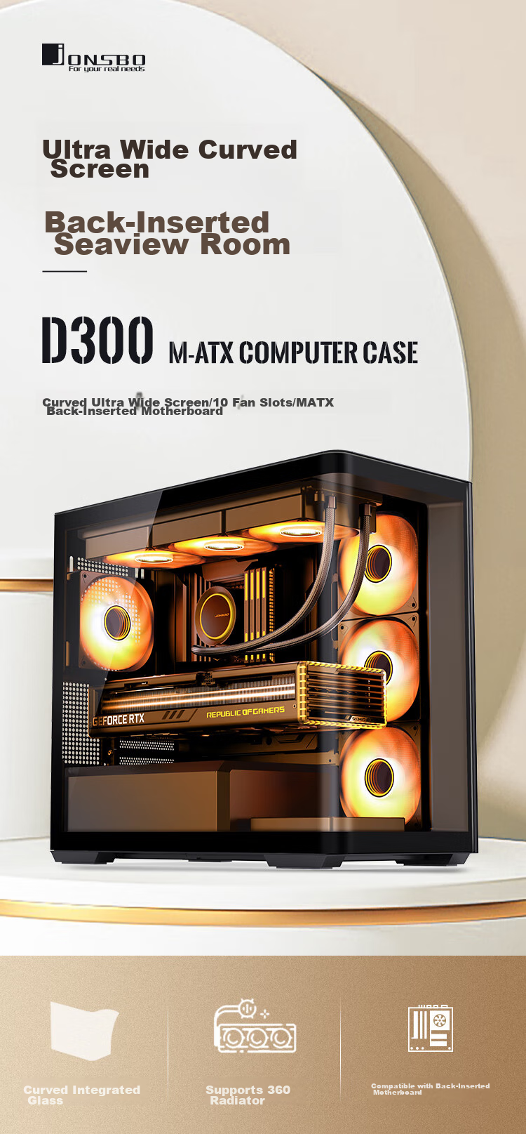 JONSBO D400 Black ATX Panoramic Case (Without Pillar Curved Glass, Dual 360mm Radiator Support, ATX PSU, 10 Fan Positions, Type-C Gen2 10Gbps+) 3