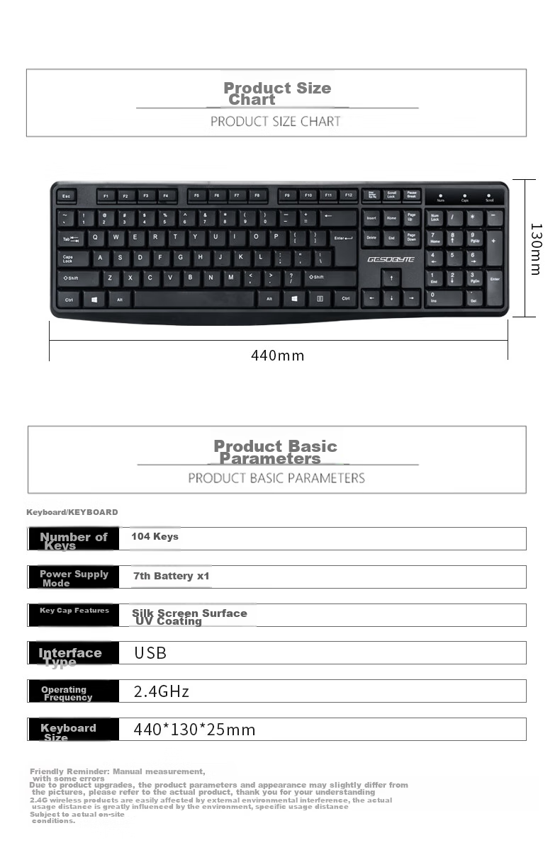 GESOBYTE Wireless Keyboard, Quiet Low-Noise Office Keyboard, Compatible with Desktop And Laptop, Built-In Receiver Plug-And K139W Battery Version, Black 9