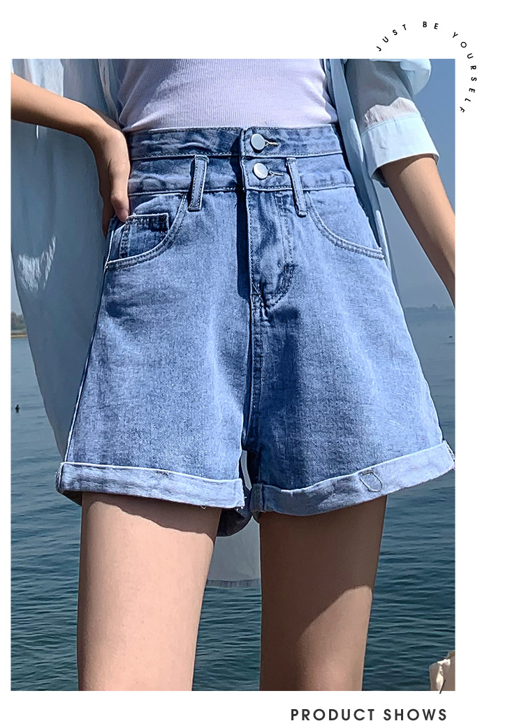 Jeanswest Women's Ripped Denim Shorts Summer Thin High Waist Slim Wide Leg Mid-Length Jade Green L 13