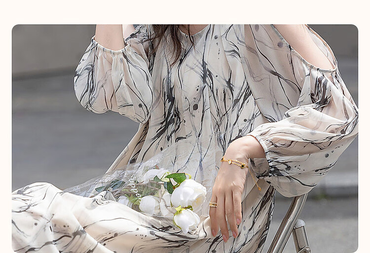 Dme [In Water One Side] Summer Chinese Style New Chinese Elegant Ink Wash Print Off-Shoulder Lightweight Concealing Women's Dress 5