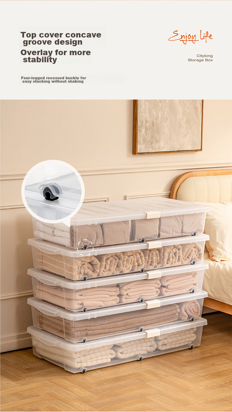 Xitianlong Under-Bed Storage Box, Toy Organizer, Quilt Storage Box, Flat Double-Opening Lid with Wheels, Transparent, 54 Liters, 2-Pack 13