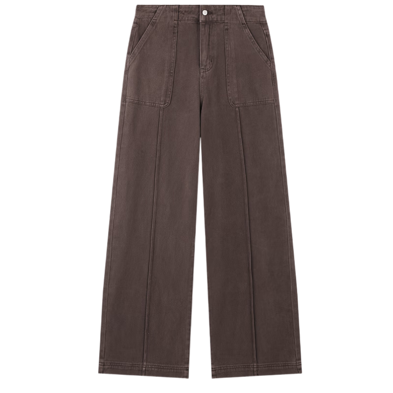 DME Straight-Leg Large Pocket Decorative Long Pants Thickened Autumn Winter Single-Button Fleece-Lined Straight Denim Jeans for Women