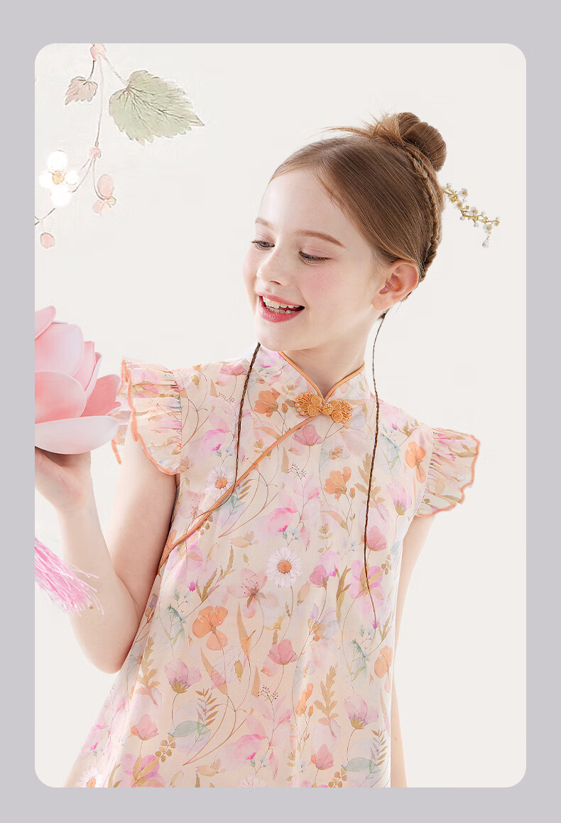 Duomiaowu Girls' Cotton Dress, Summer Children's New Chinese-Style Qipao Skirt, Big Kids' National Style Dress, W011 Pink Orange, Size 170 10