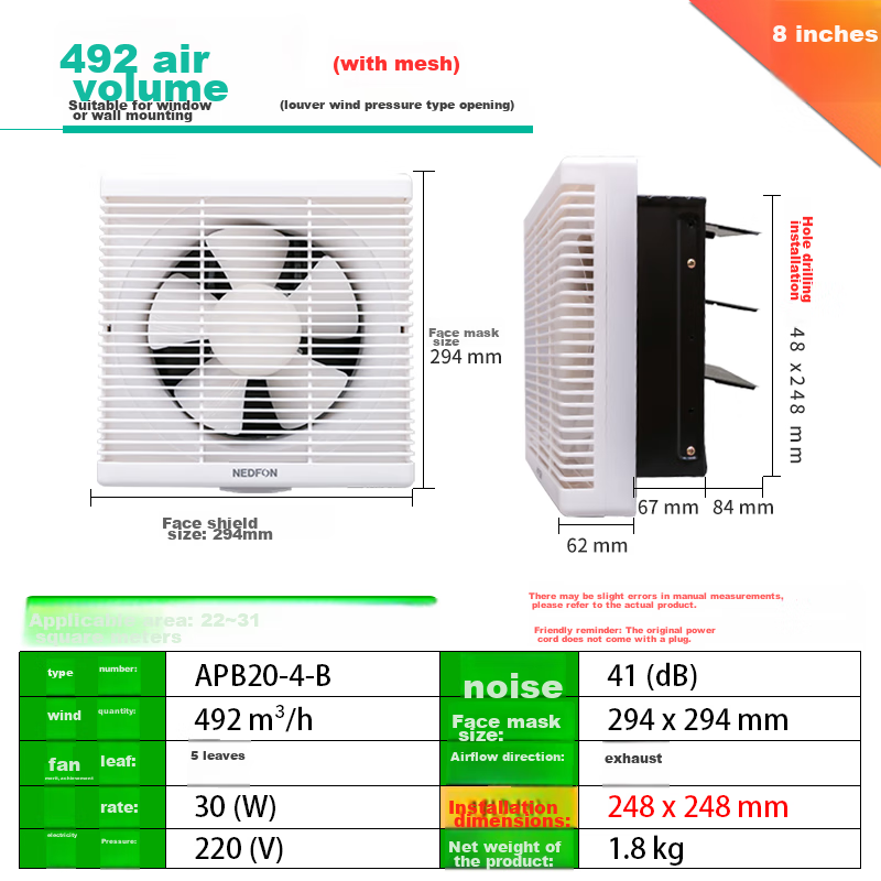 Nedfon APB20-4 Exhaust Fan, Bathroom Window-Mounted Wall Fan, Smoke Extractor, Ventilation Fan, Air Exchanger, Square Opening 4