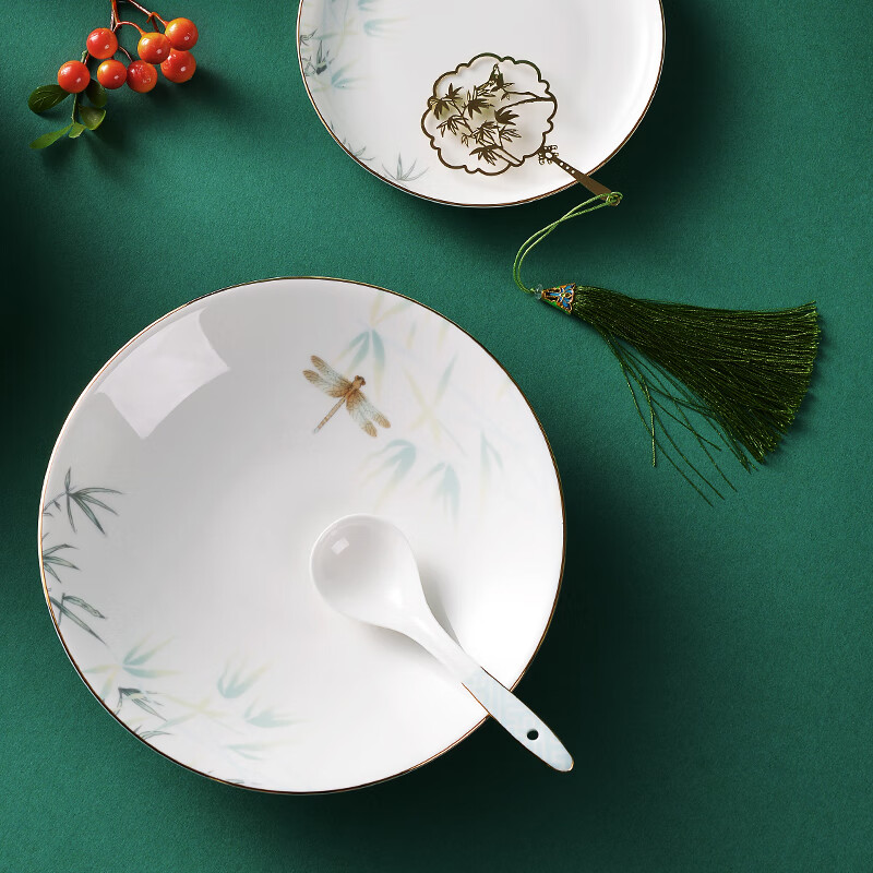 HG Guoci High-Temperature Bone China Dinnerware Set, Light Luxury Gold-Rimmed Gift Box, Qingting Pattern, 20 Pieces for 4 People