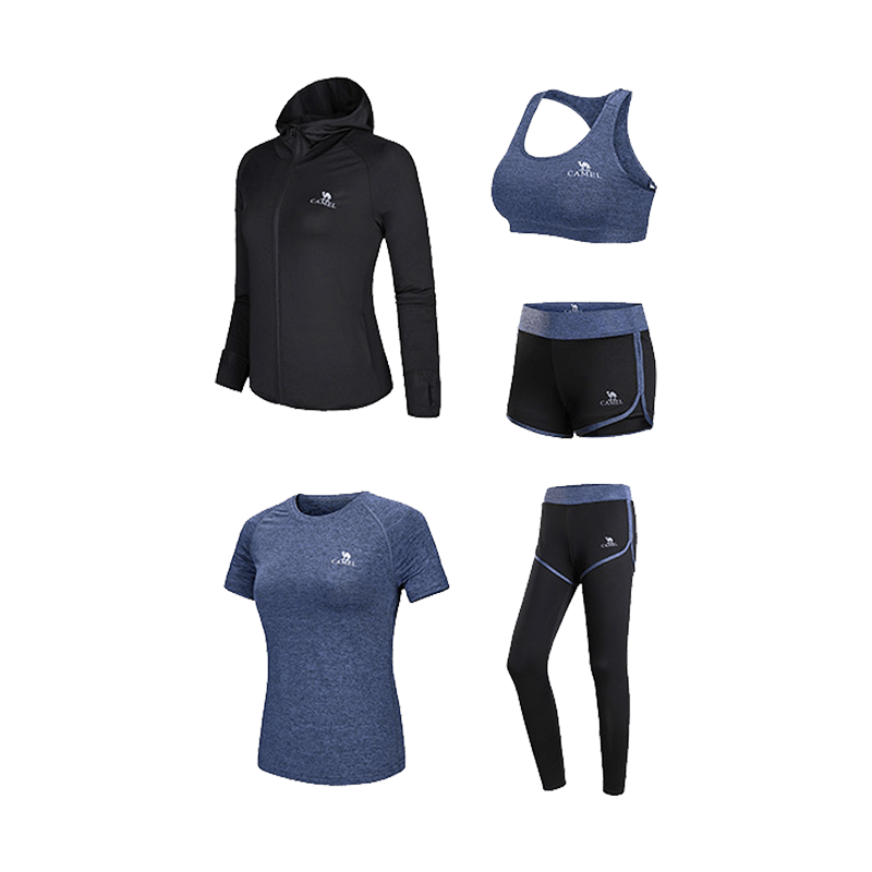 CAMEL Women's Sportswear Set, New Yoga Fitness Pilates Elastic Short-Sleeve Shorts And Pants Five-Piece Workout Outfit