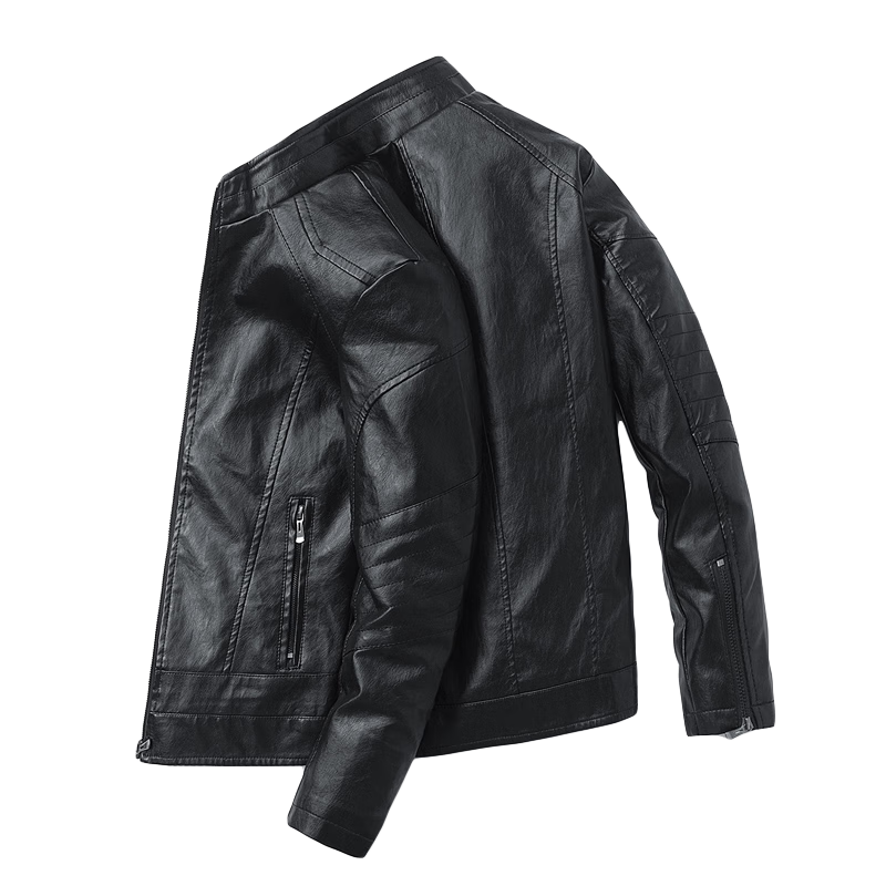JEEP SPIRIT Men's Leather Jacket, Spring And Autumn Stand-Collar Business Motorcycle Outerwear, Black, Size M