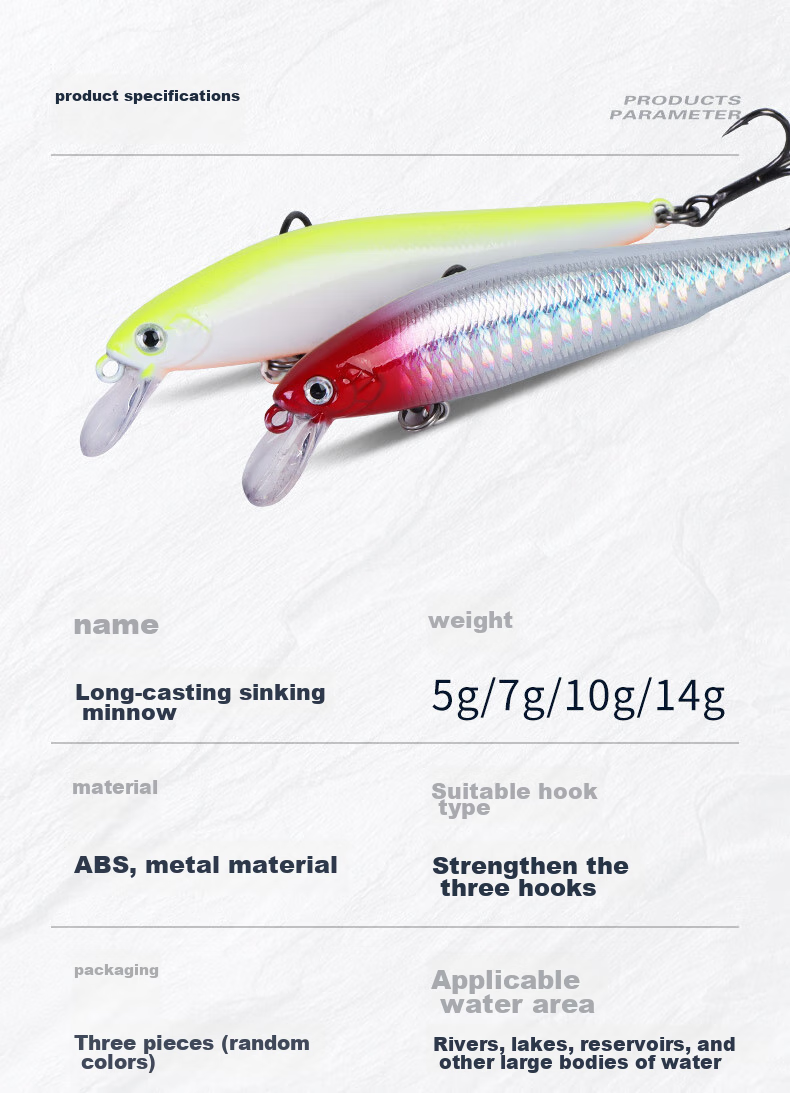 Xionghuo Lure Bait 5g Minnow Three-Pack Long-Casting Vibrating Sinking Lure Set for Bass Fishing, Versatile Artificial Bait for Sea Fishing 3