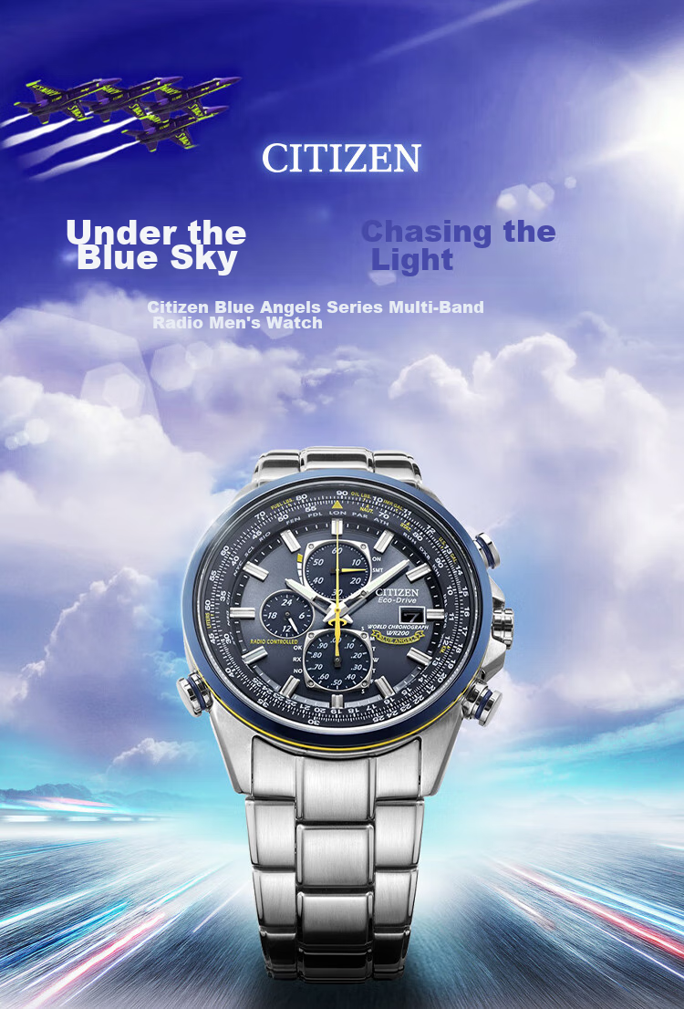 CITIZEN Watch for Men, Japanese And Korean Style, Blue Angel Eco-Drive Radio-Controlled Steel Band, Business Gift for Boyfriend, AT8020-54L 1