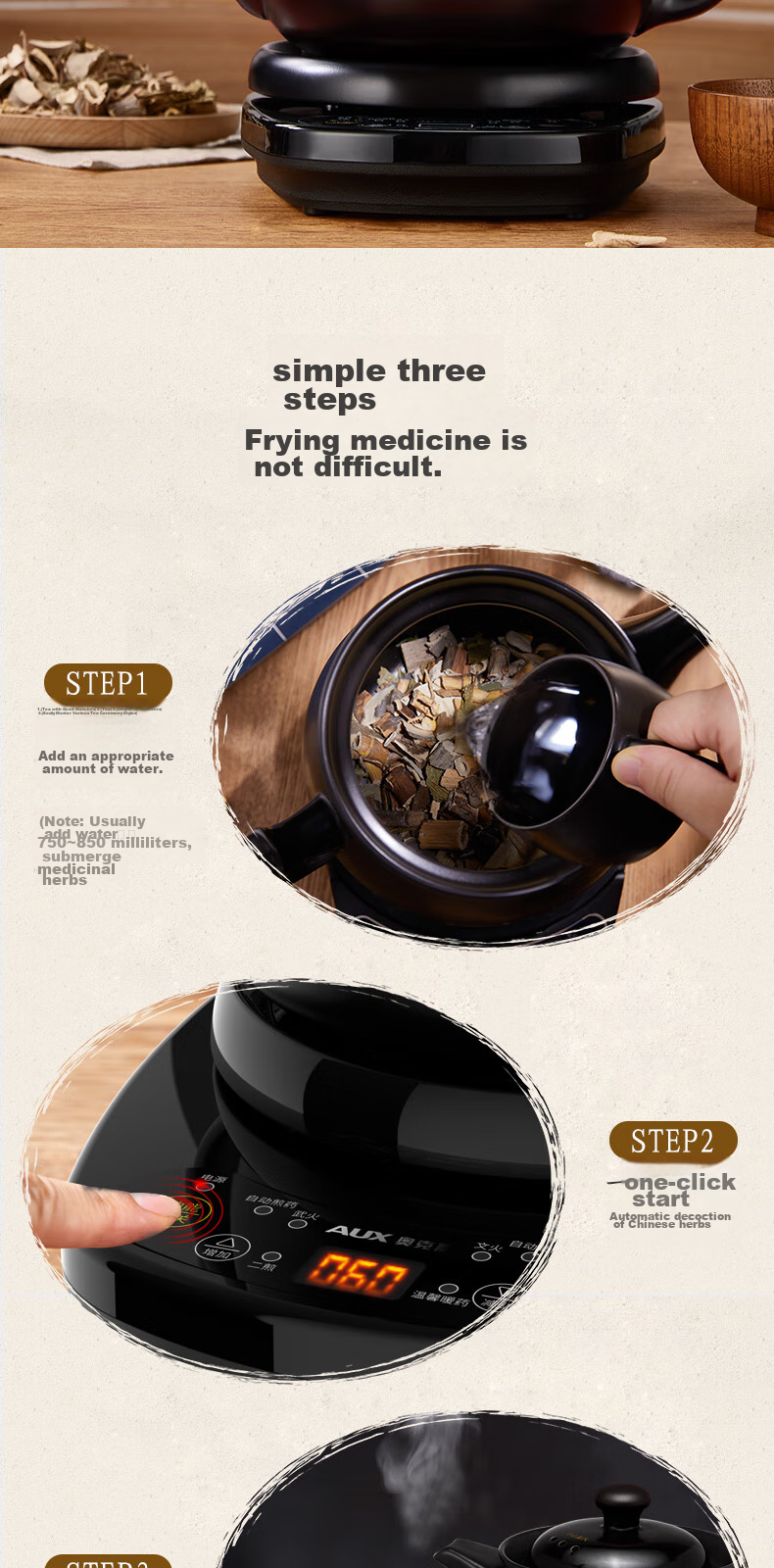 AUX Chinese Herbal Medicine Pot, Automatic Dual Decoction Function Electric Sand Pot, 3L Home Use Detachable Ceramic Chinese Herbal Medicine Pot, Hands-Free Decoction Health Pot HX-YS0301 7