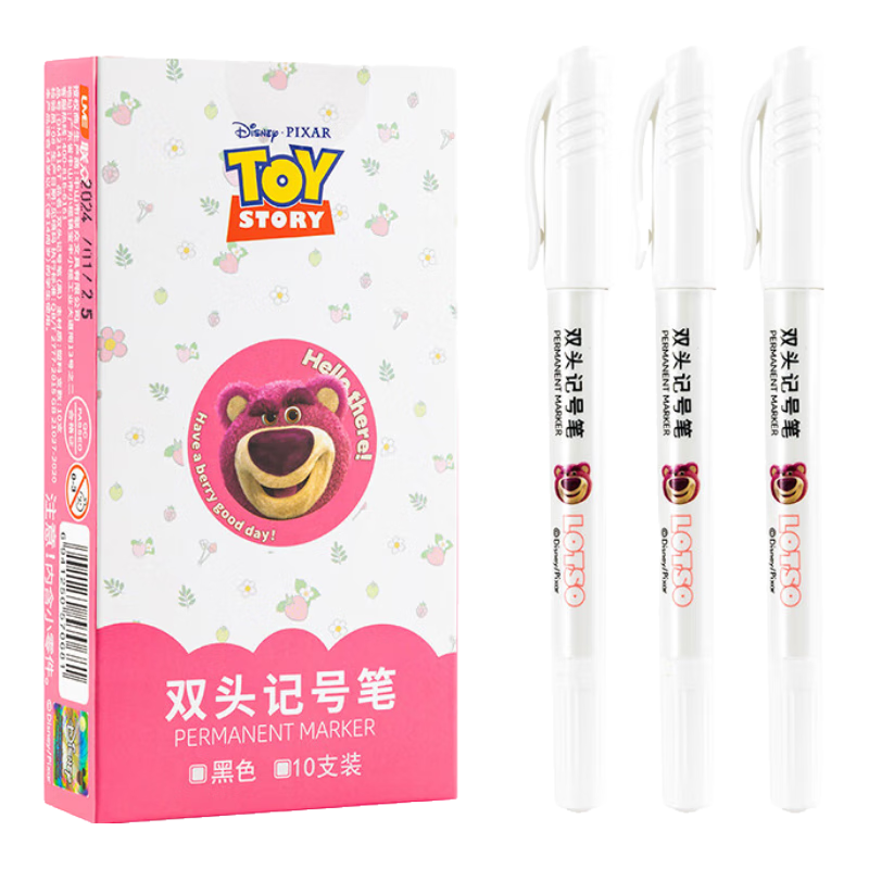 Disney Double-Ended Fine Line Markers, Art Black Oil-Based Markers, Signing Pens for Children And Students, Drawing Outlining Pens, 10 Pcs/box, Strawberry Bear DM21416T