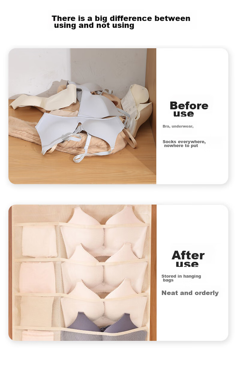 Jinghuisichuang Underwear Storage Hanging Organizer, Home Use, 12+18 Compartments, Beige Non-Woven Fabric, Waterproof, Double-Sided Multi-Compartment Storage, for Student Dormitory 2