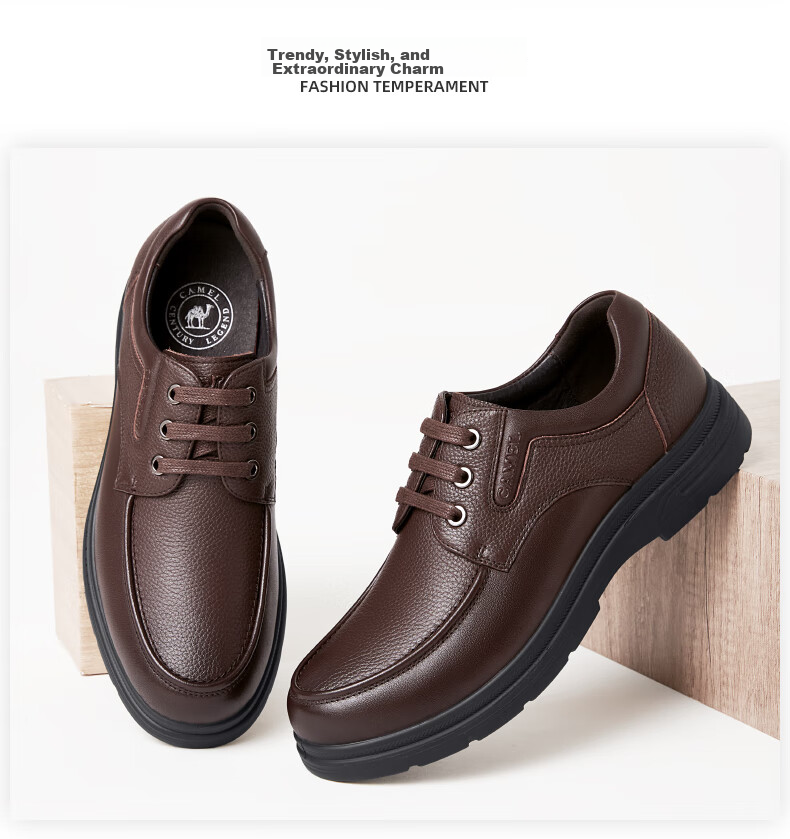CAMEL Leather Lace-Up Middle-Aged Dad Shoes, Height-Increasing Classic Business Casual Leather Shoes for Men, G15A211067, Black, Size 38 11