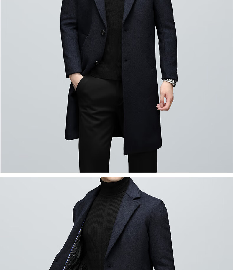 ROMON Autumn Winter Woolen Coat Business Casual Trendy Men's Trench Coat 1930 Navy Blue L 2