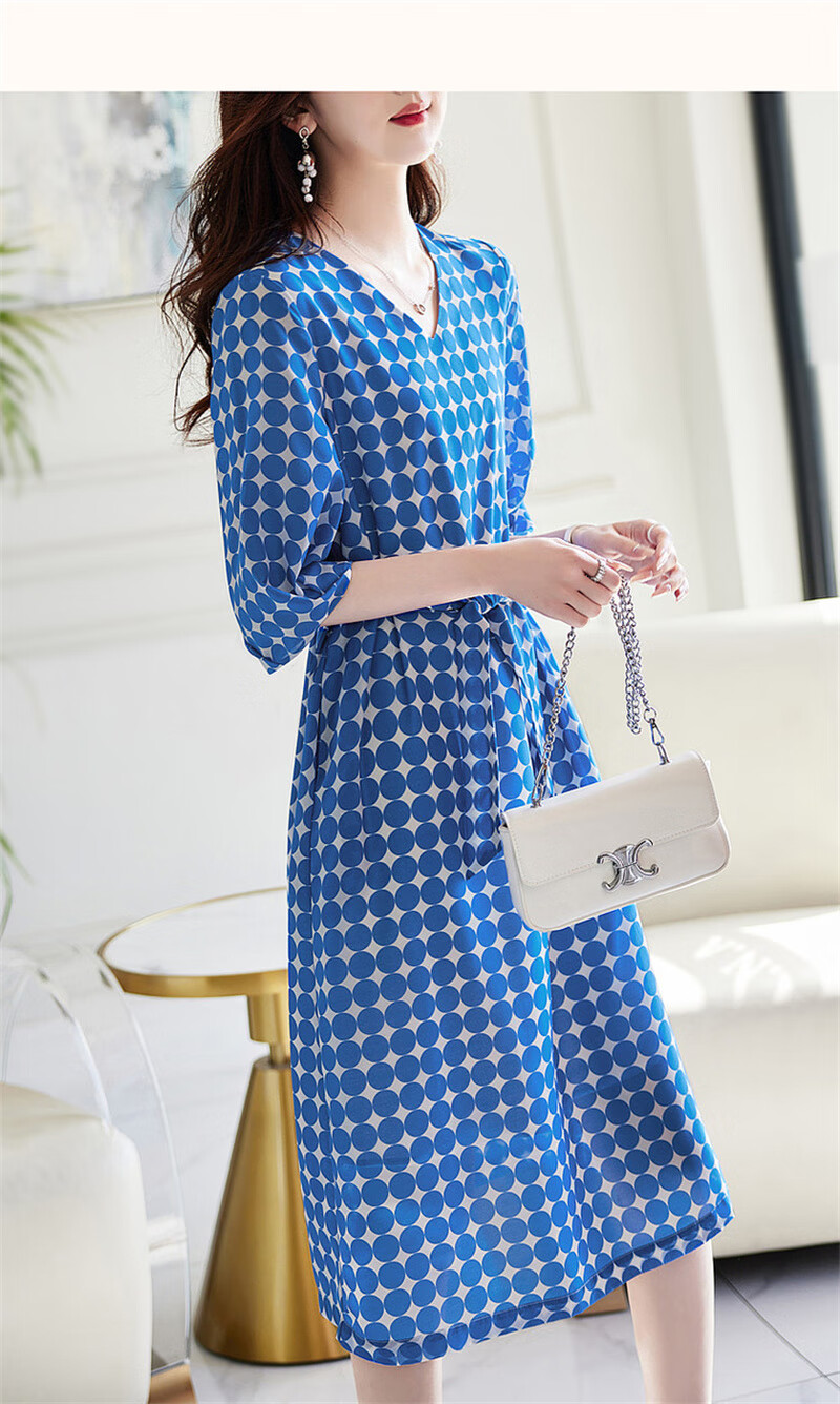 Dme Commuting Polka Dot Vintage Dress Summer V-Neck Lantern Sleeve Chiffon Mid-Length Dress for Women 21