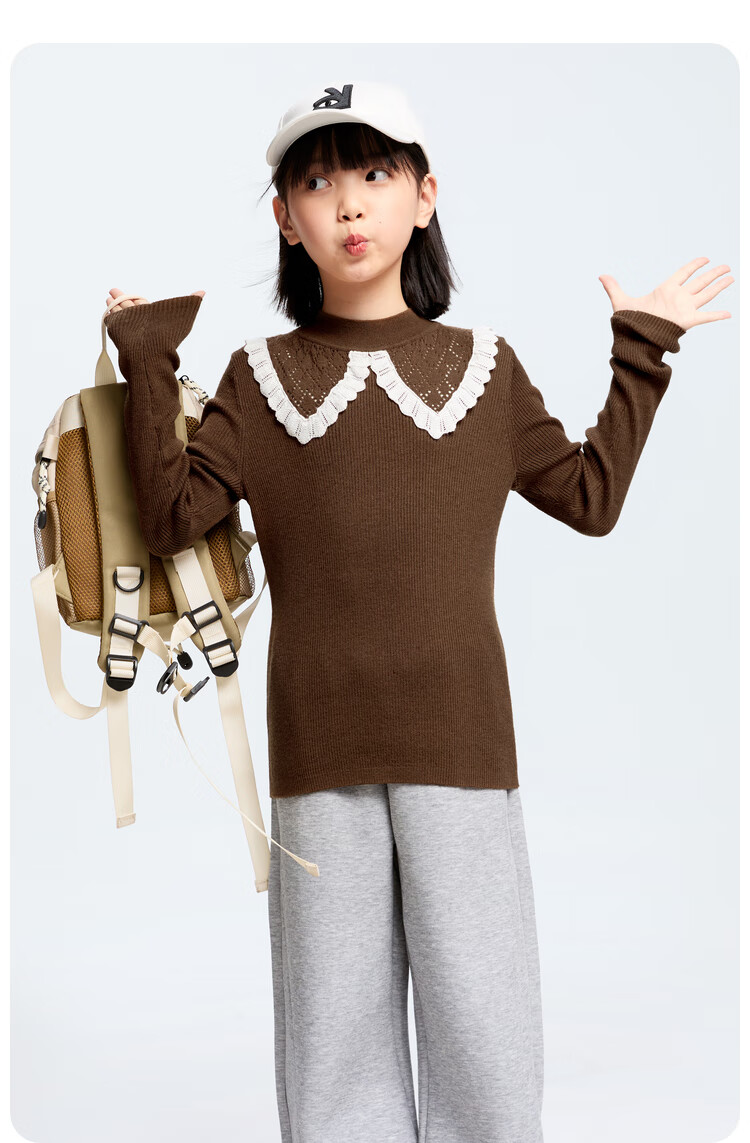 Annil Girls' Mid-Neck Knit Sweater, New Winter 2024 Style, Cloud Sweater Brown, Size 130 8