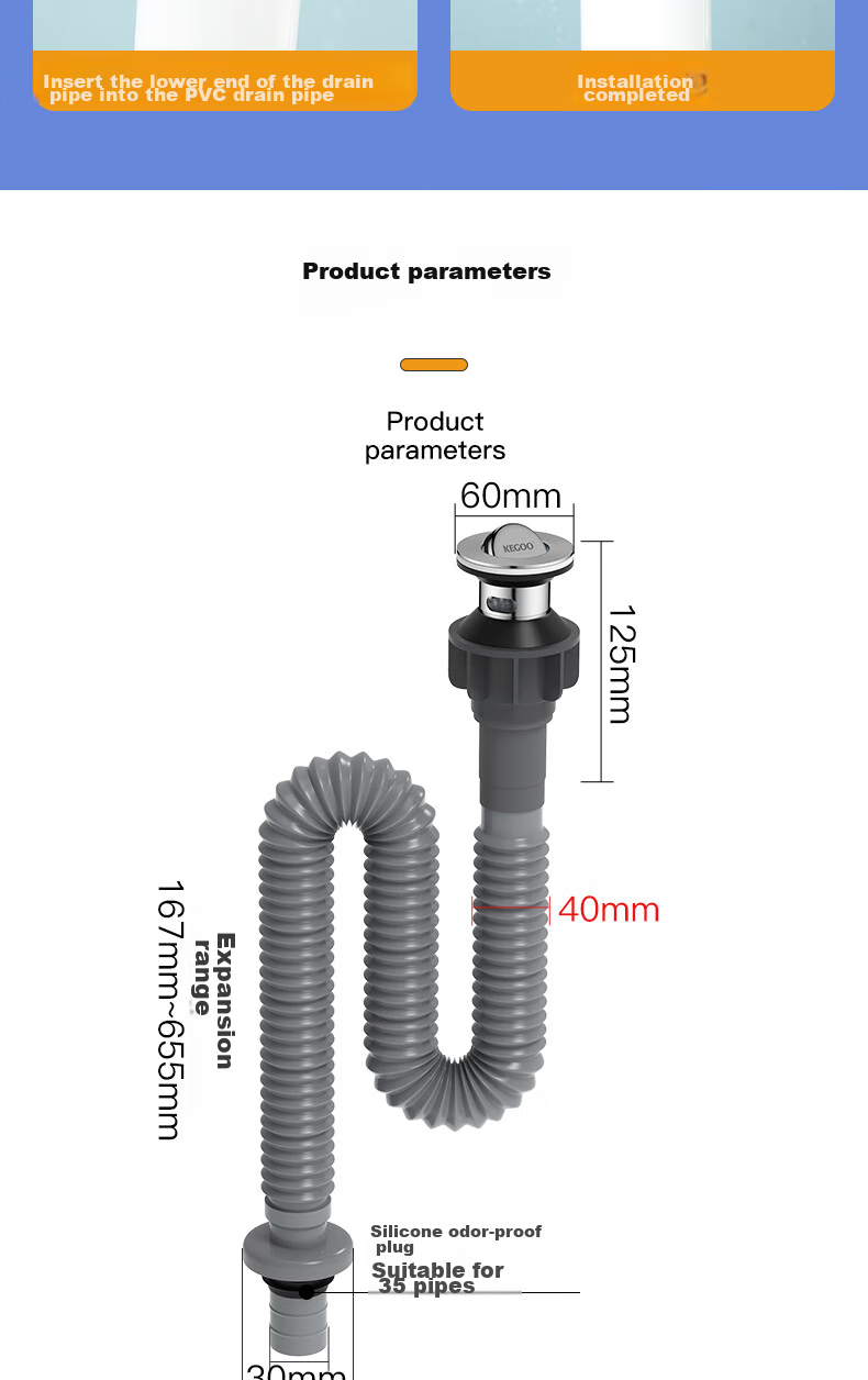 KEGOO Sink Drain Pipe, Washbasin Flip-Down Drain Kit, Horizontal Drainage System for Washbasins, Anti-Insect And Odor Prevention K5042 12