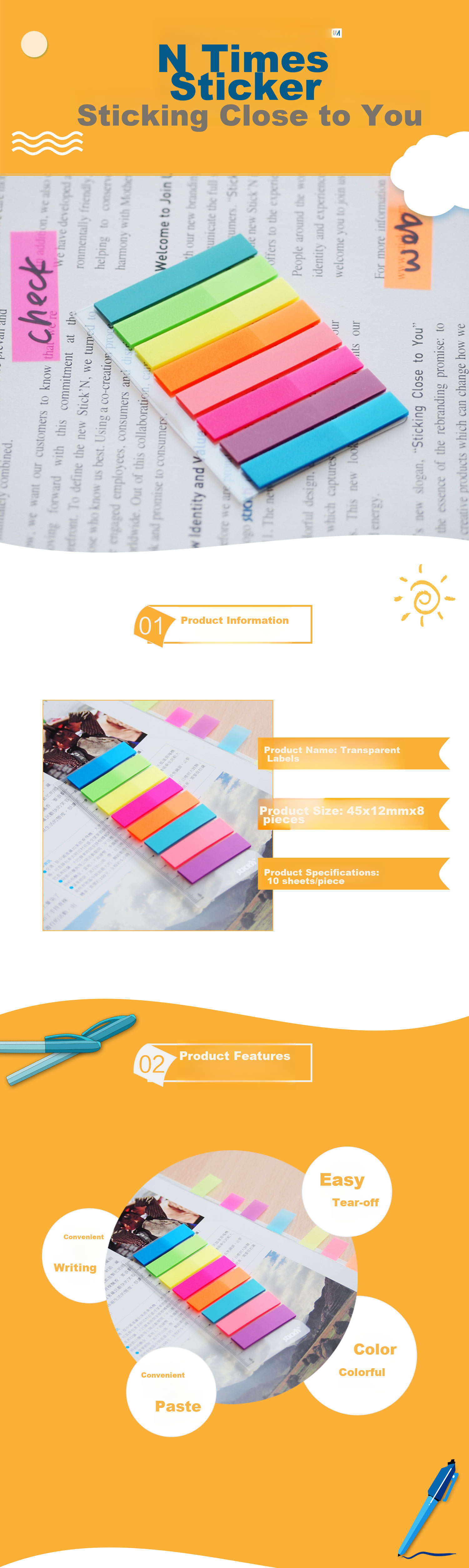 STICKN , 80 Sheets, 8 Colors Fluorescent Film Indicator Labels, 45*12mm, Classification Index Sticky Notes, Memo Pads, 34021 1