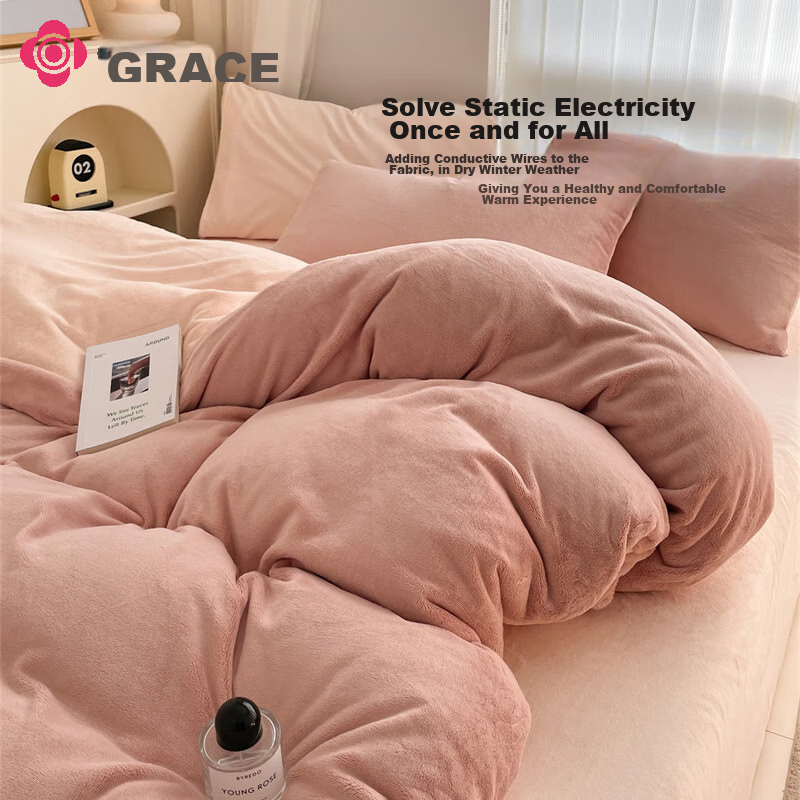 Grace Milk Velvet Three-Piece Set, Flannel Student Dormitory Single Duvet Cover 150*200cm - Cocoa Pink + Fragrant Jade