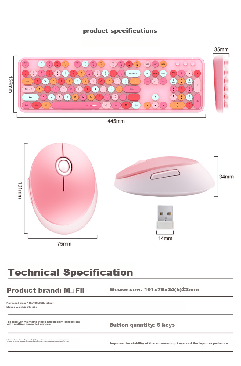 Mofii Sweet Wireless Retro Punk Keyboard And Mouse Set, Office Keyboard And Mouse Set, Mouse, Computer Keyboard, Laptop Keyboard, Milk Tea Color Mixed 16