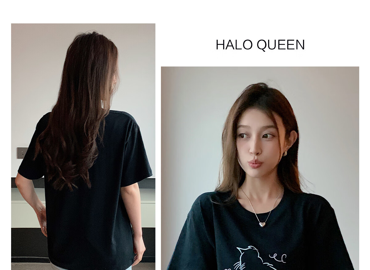 Halo Queen Women's Short-Sleeve T-Shirt, Summer Lightweight Round Neck Tee, American Sweet Cool Cat Print Half-Sleeve Top H143T1409 71